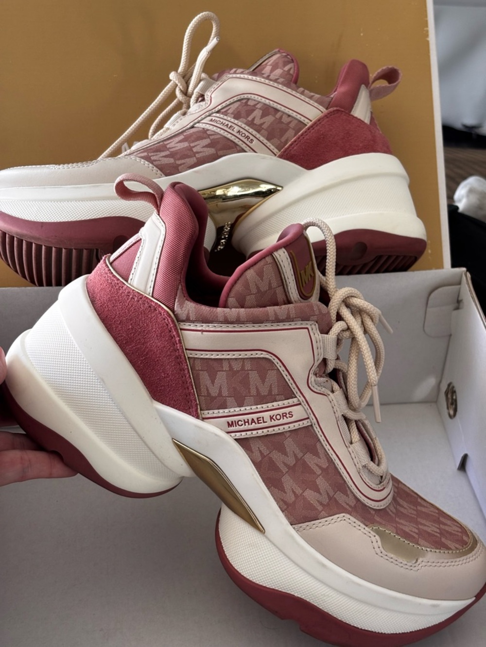 Michael Kors Blush Pink and Gold Olympia Trainer Platform Sneakers - Picture 3 of 8